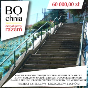 Remont schodów zewnętrznych na skrapie przy szkole im. św. Barbary w Bochni i II Liceum Ogólnokształcącym im. Orła Białego w Bochni. Bezpieczne schody pod modrzewiem (osiedlowy: Krzęczków-Łychów)