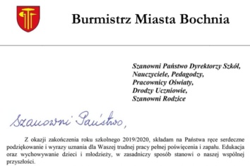 List Burmistrza Miasta na zakończenie roku szkolnego 2019/2020