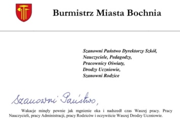 List Burmistrza Miasta Bochnia na rozpoczęcie Nowego Roku Szkolnego 2020/21